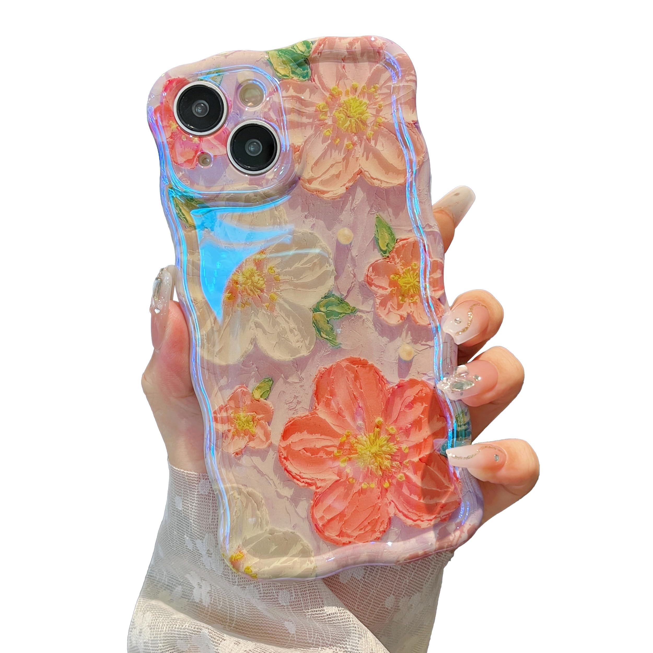 XIZYO Colorful Retro Oil Painting Flower Case for iPhone 13, Curly Wave Frame Laser Glossy Cute Floral Aesthetic Phone Case, for Girls Women Slim Soft TPU Shockproof Phone Cover, Red Flower/Purple — image 1