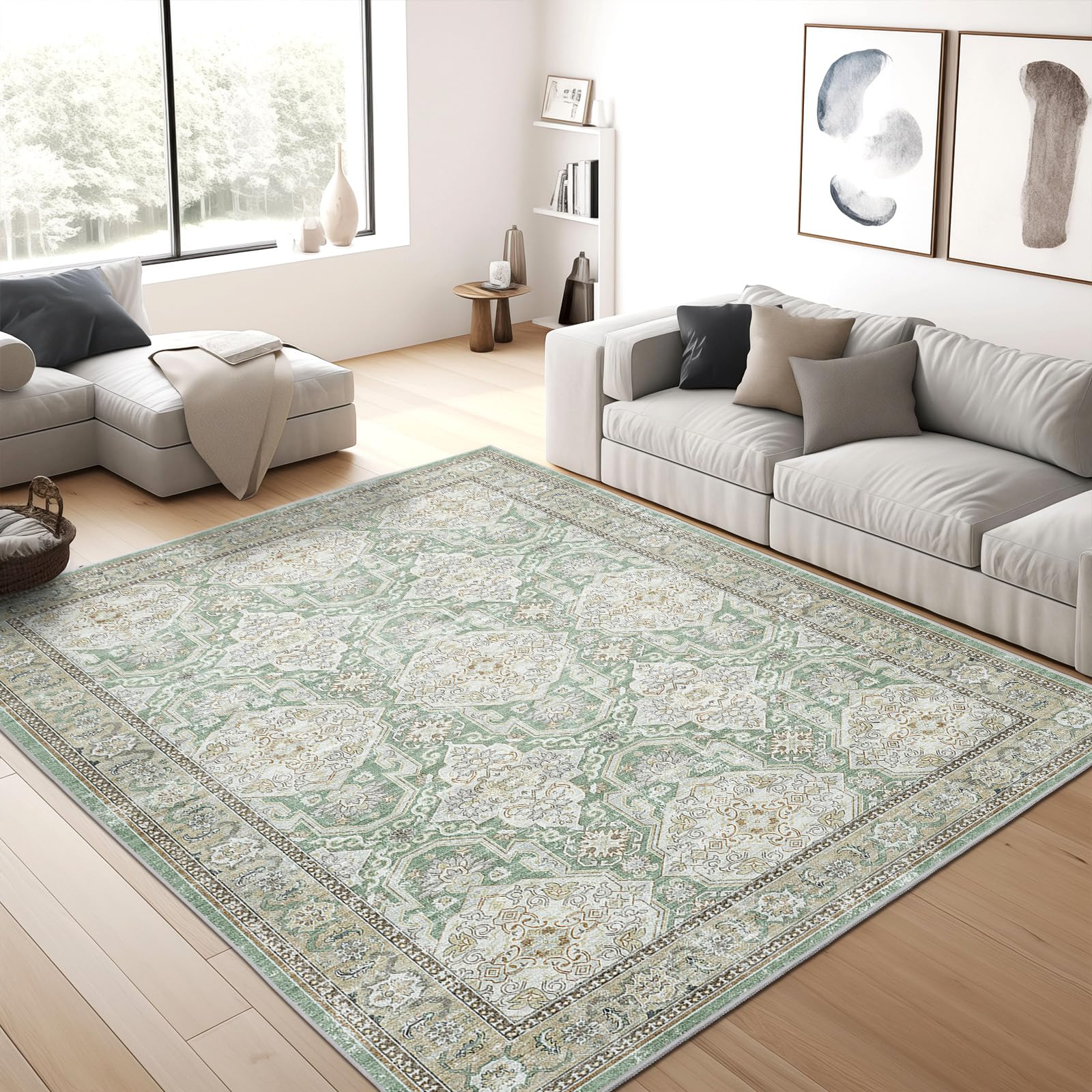 Photo 1 of Soalmost Area Rugs 5x7, Washable Rugs, Stain Resistant 5x7 Area Rugs for Living Room Bedroom Dining Room, Vintage Farmhouse Green Rug