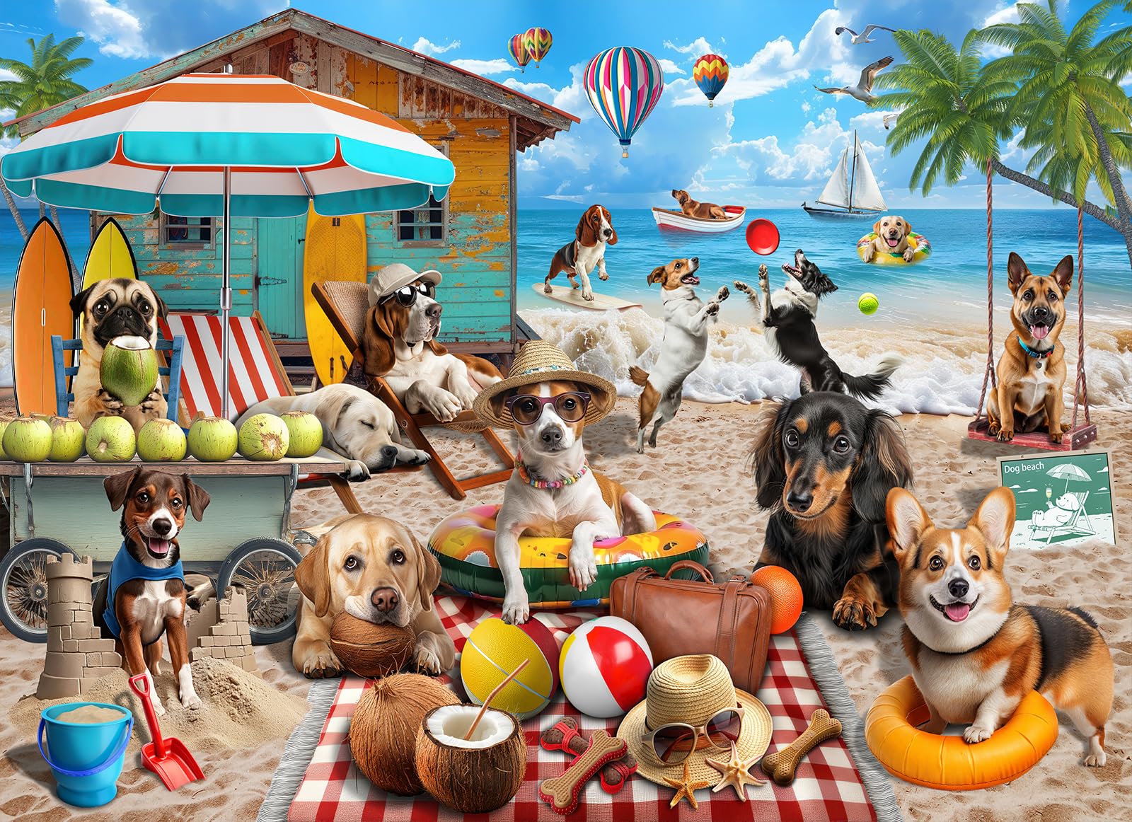 View 1 of 1000 Piece Jigsaw Puzzle for Adults - Dog Days at The Beach, Vacation Scene with Coconut Hut, Hot Air Balloons, and Playful Details, Fun and Challenging Jigsaw by Naturelish, 26.65 x 19.25 in
