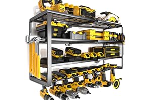 YYR 4 Layer Power Tool Organizer Wall Mount, Cordless Drill Hanger Storage Rack, Battery Tools Holder with Charging Station Shelf for Garage Organization, Workshop, Pegboard, Shed - 32 Inch 8 Slots