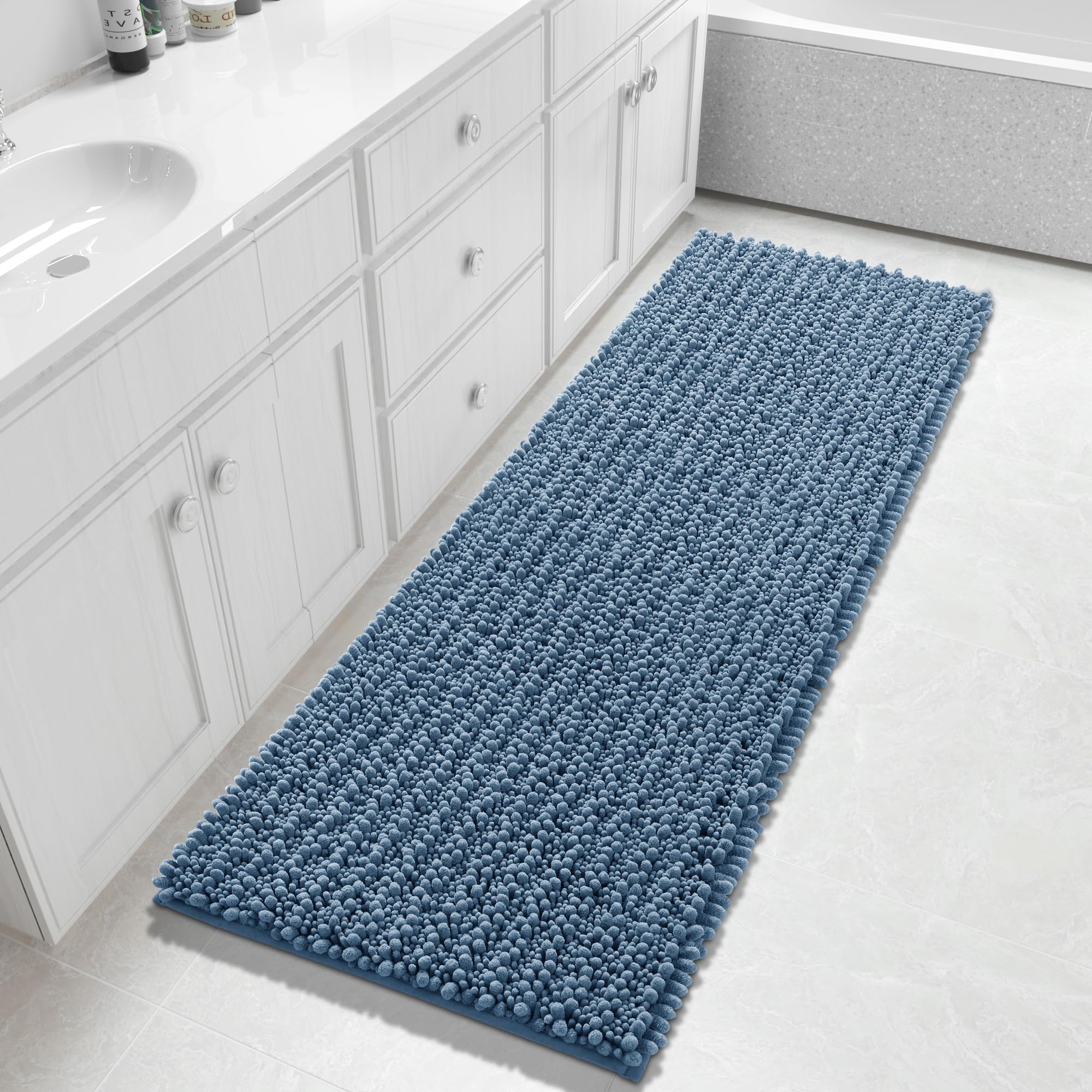 Photo 1 of Yimobra Bathroom Runner Rug 60x24 Inch - Extra Long Non Slip Chenille Bath Mat, Soft & Absorbent, Machine Washable Shaggy Hallway Carpet for Vanity Tub Shower, Denim Blue Home Decor Accessories