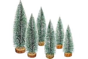 AOUETNAY 6 Pcs Mini Christmas Trees Bottle Brush Trees, Miniature Pine Christmas Tree Tabletop Mini Snow Frost Trees with Wooden Base for Christmas Holiday Decorations