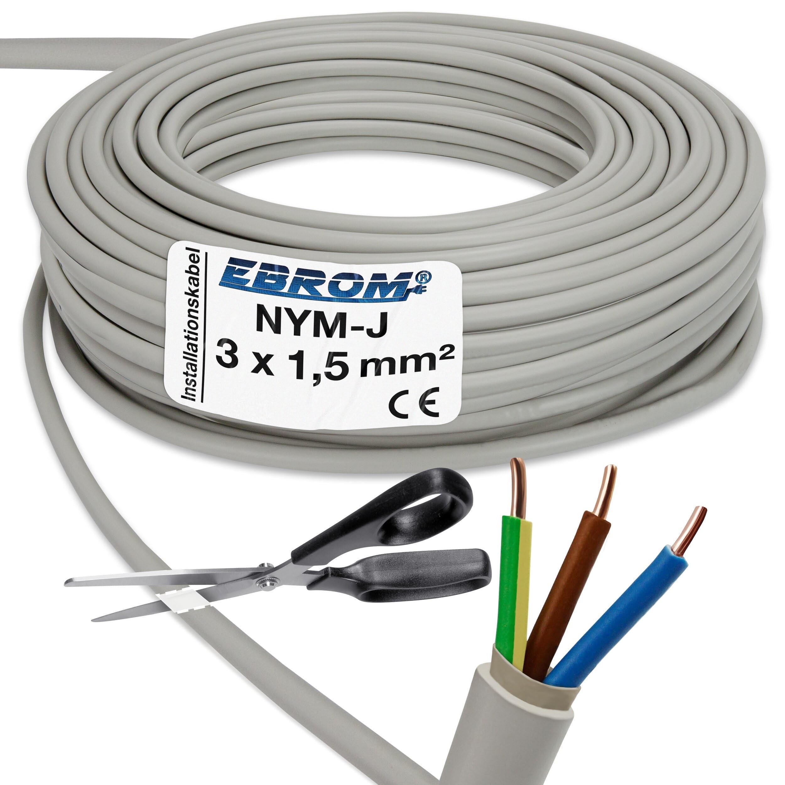 EBROM NYM-J 3 x 1.5 mm² – Sheathed Cable – Installation Cable – Wet Room Cable – Grey – Large Selection in Many Lengths in 5 Metre Increments up to 250 Metres in One Piece – Length: 3 x 1.5 mm², 5