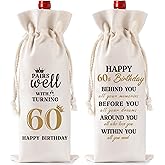 60th Birthday Wine Gift Bag - Ideas Burlap Wine Bottle Bag with Drawstring, Double sided Design Pairs Well with Turning 60, for Women, Men, Mom, Dad, Friends, Neighbors, Loved Ones, Wife, Husband