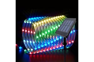 IJG Solar Rope Lights Outdoor 66FT 200LED, Waterproof Christmas String Lights with 8 Modes & Timer, Dual-Power (Solar/Battery) for Garden, Yard, Trampoline, Patio - Multicolor