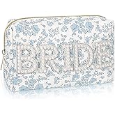 Sunnymove Large Floral Bride Patch Letter Cotton Makeup Bag for Women Bridesmaid Engagement Gift for Her Make Up Bag Pouch for Purse Bridal Shower Gifts for Engagement Wedding(Bride)