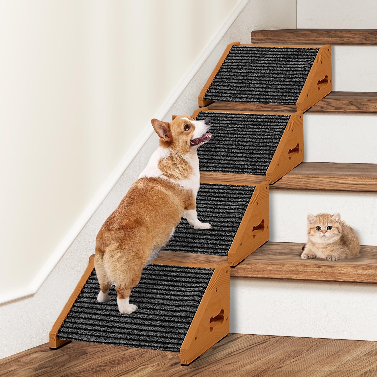 Photo 1 of Dog Ramps for Stairs, Wooden Pet Ramp Stairs for Small Medium Dogs, Non-Slip Dog Pet Steps for Any Staircase, Stair Ramp for Injured Dogs with Anti-Slip Strip, 4 Pack