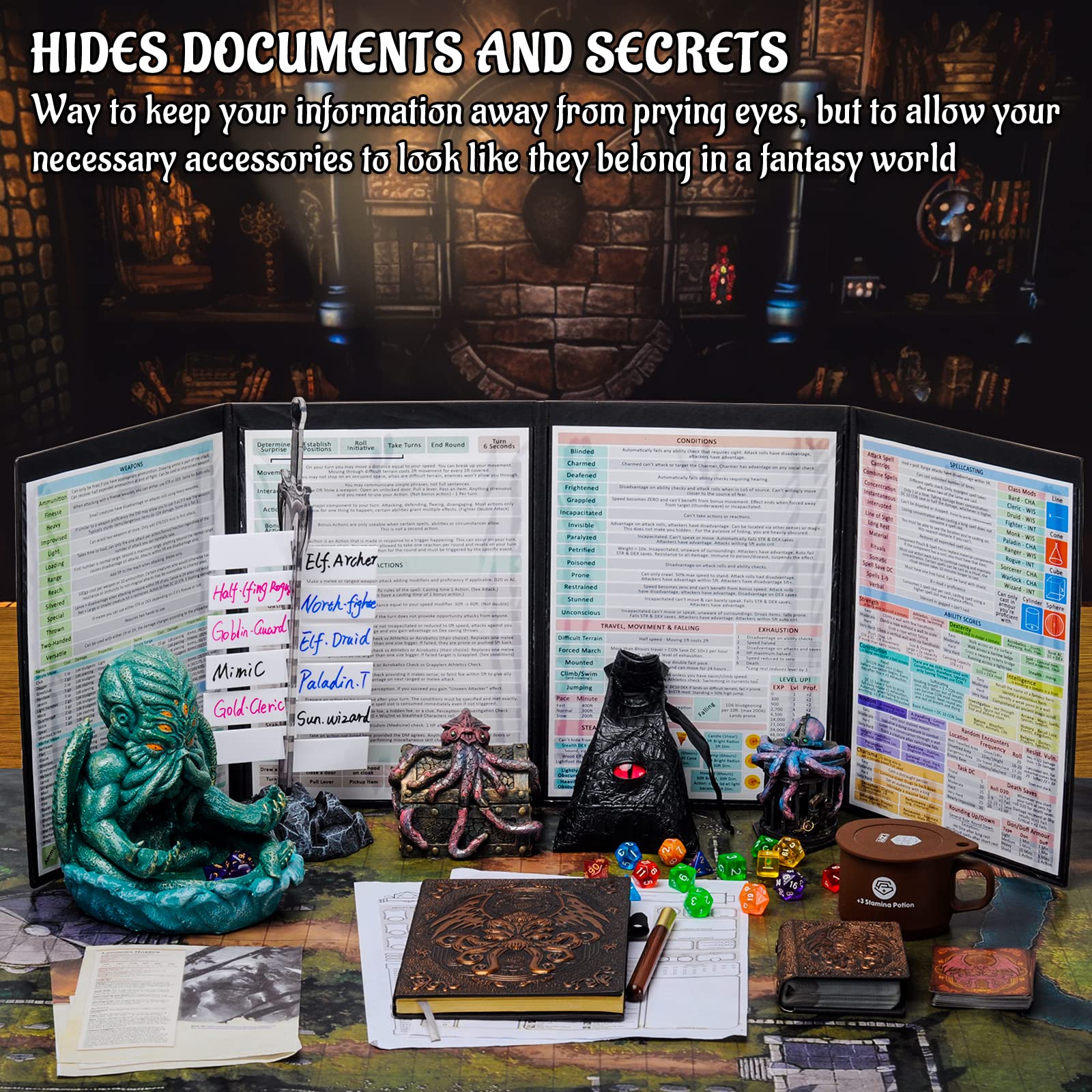 CZYY DND Dungeon Master Screen Four-Panel with Pockets, Faux Leather 3D Embossed with Cthulhu - Included DM Screen Inserts and Storage Case