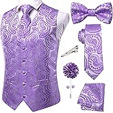 Hi-Tie Men's Silk Vest Bowtie Set Formal Suit Vest Jacquard Tie Handkerchief Cufflinks 5PCS Dress Waistcoats Wedding