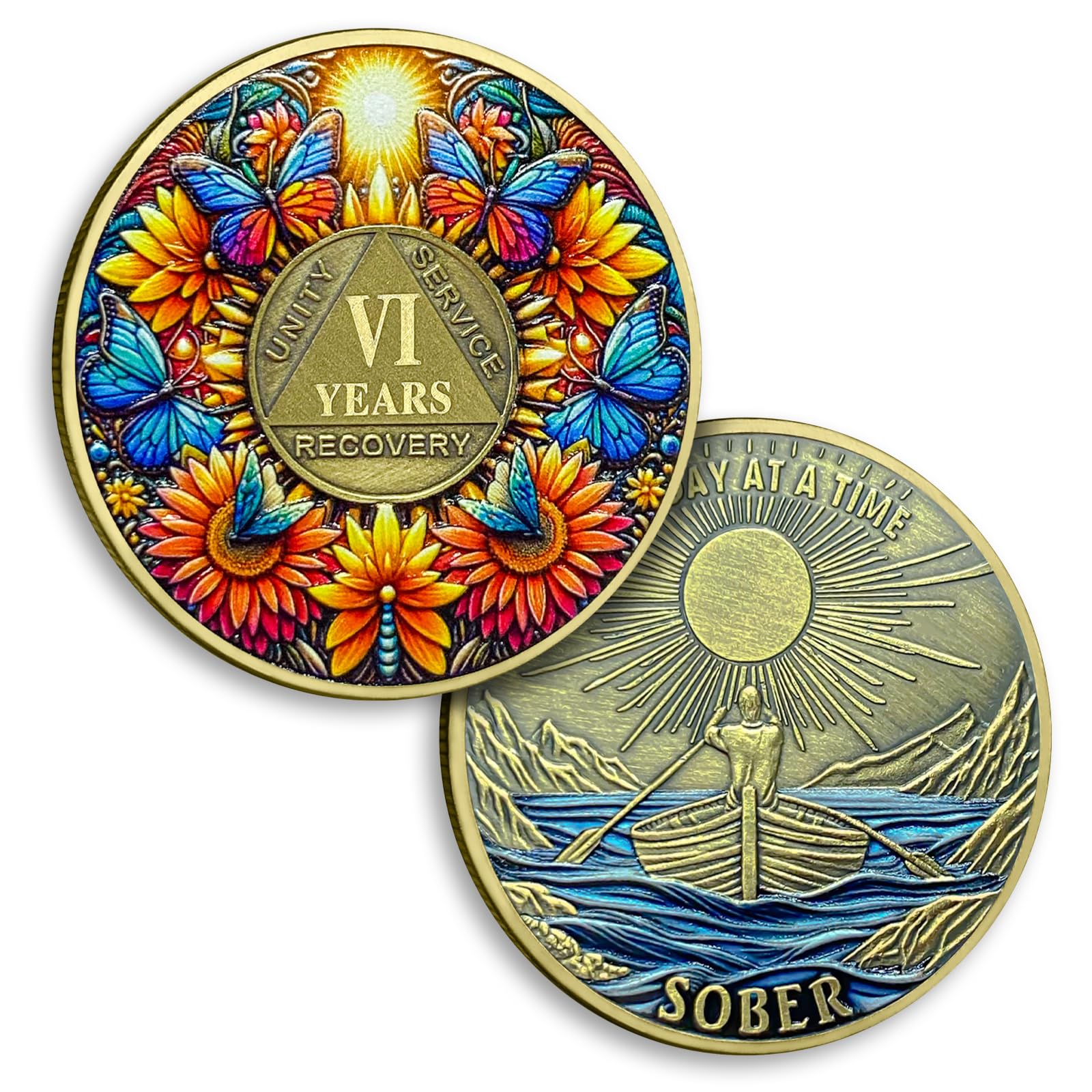6 Years Sobriety Coin Six Year Flower Sobriety Coins Butterfly AA Chips and Medallion Sun Chips Recovery Anniversary Token Sobriety Gifts for Men Women Alcoholics Anonymous Gift
