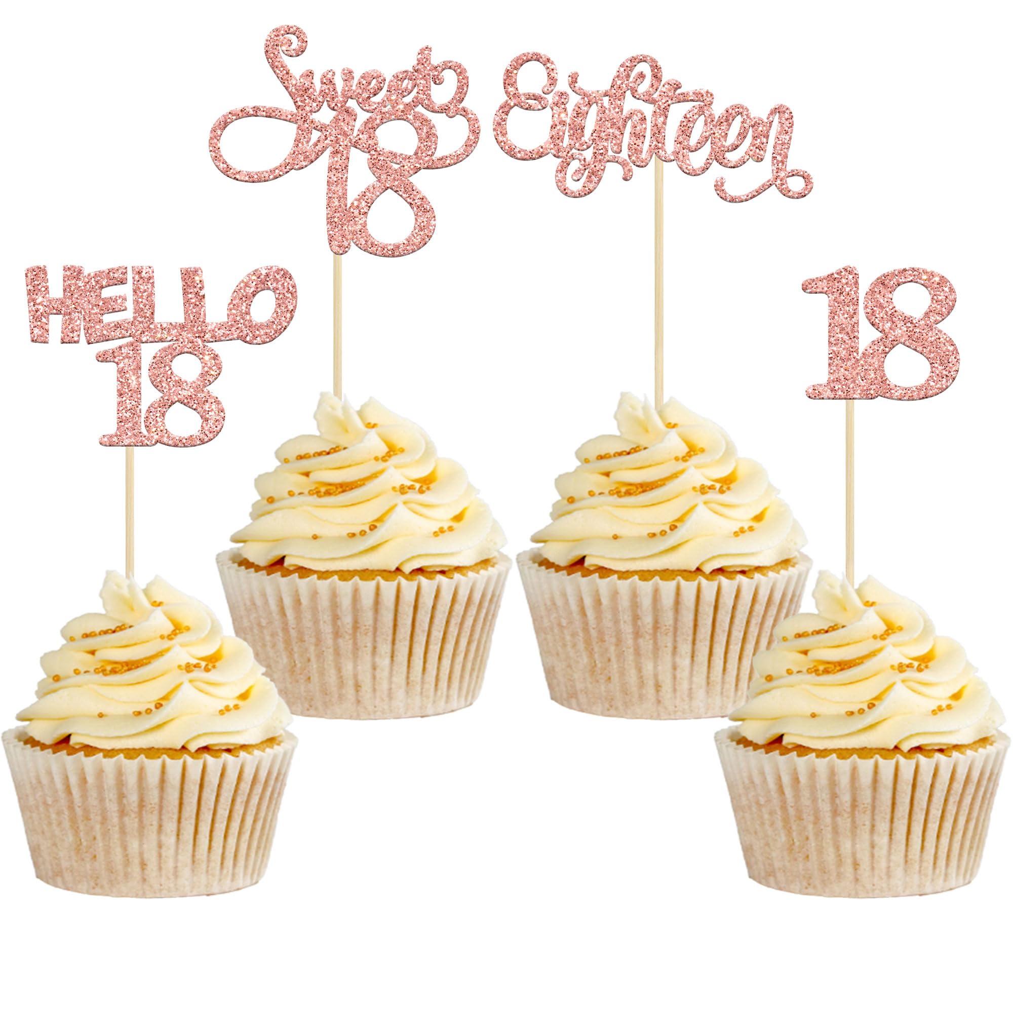 Gyufise 24Pcs Rose Gold Glitter 18th Birthday Cupcake Toppers Sweet 18 Hello 18 Eighteen Cupcake Picks for 18th Birthday Cake Decorations Supplies
