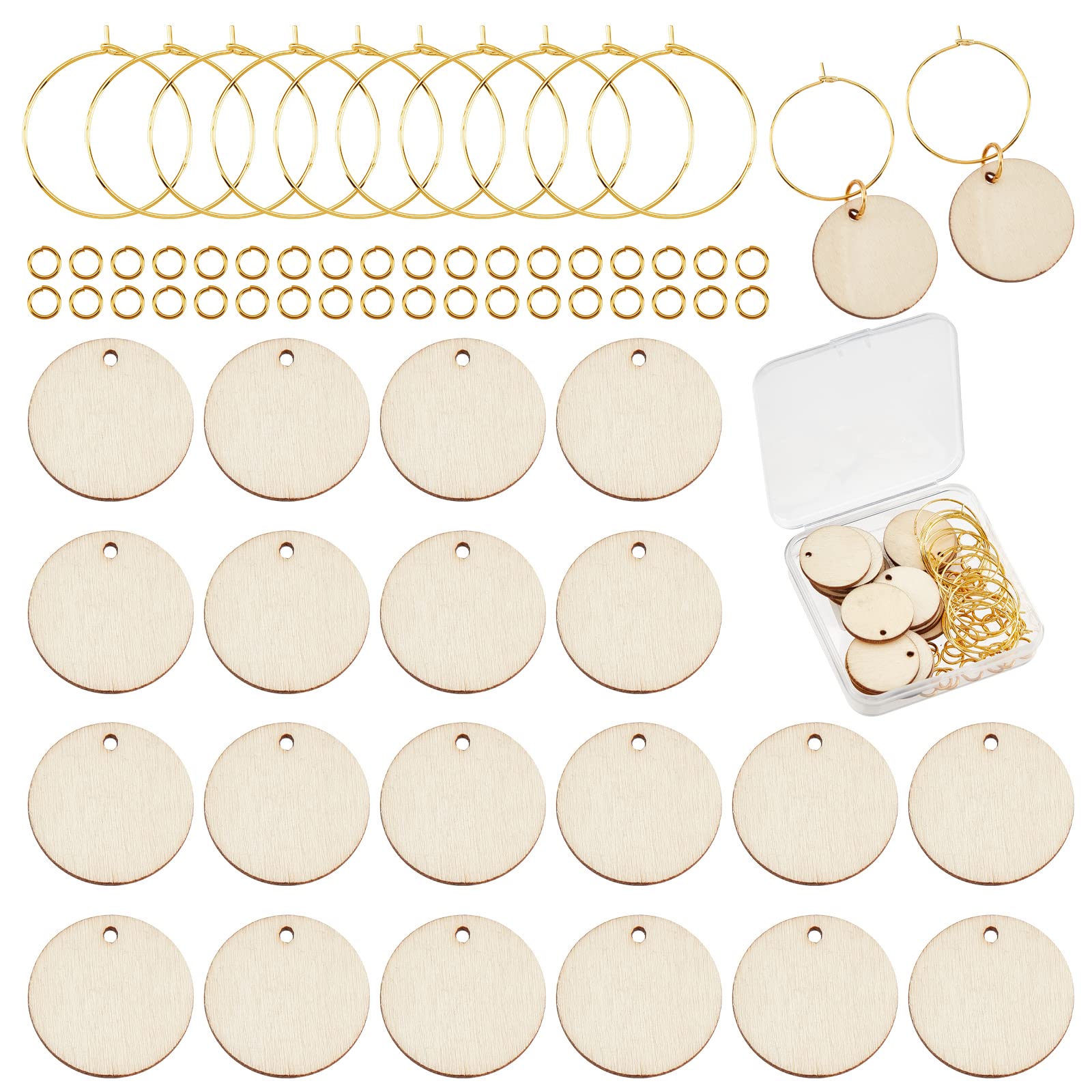 SUNNYCLUE 1 Box Wooden Wine Glass Charms Markers Tags Identification Flat Round Charms Glass Identifiers for Drinks Stem Glasses 20Pcs Wood Pendants 20Pcs Hoops 30Pcs Jump Ring Family Summer Gathering