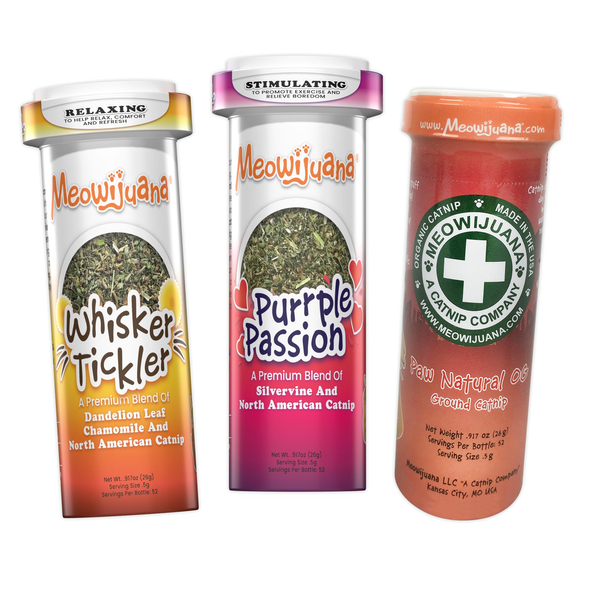 Meowijuana | Bundle of Purple Passion, Whisker Ticker, and Paw Natural | Organic | Dried Premium Ground Catnip | High Potency | Perfect for Cat Toys | Grown in The USA | Feline and Cat Lover Approved