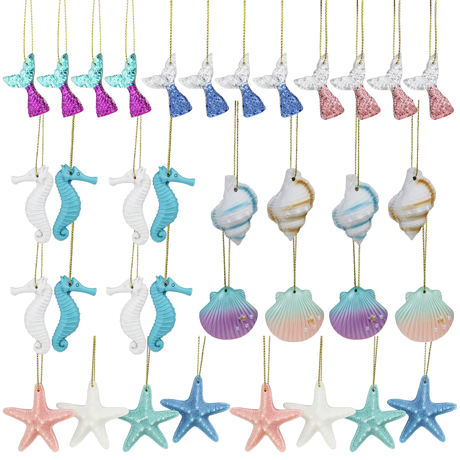 LJY 36 Pcs Resin Seaside Ornaments Set with Hanging Cords - Colourful Starfish, Seahorse, Conch and Fish Charms, Artificial Sea Animals for Christmas Tree Decoration, Wedding and Nautical Home Decor