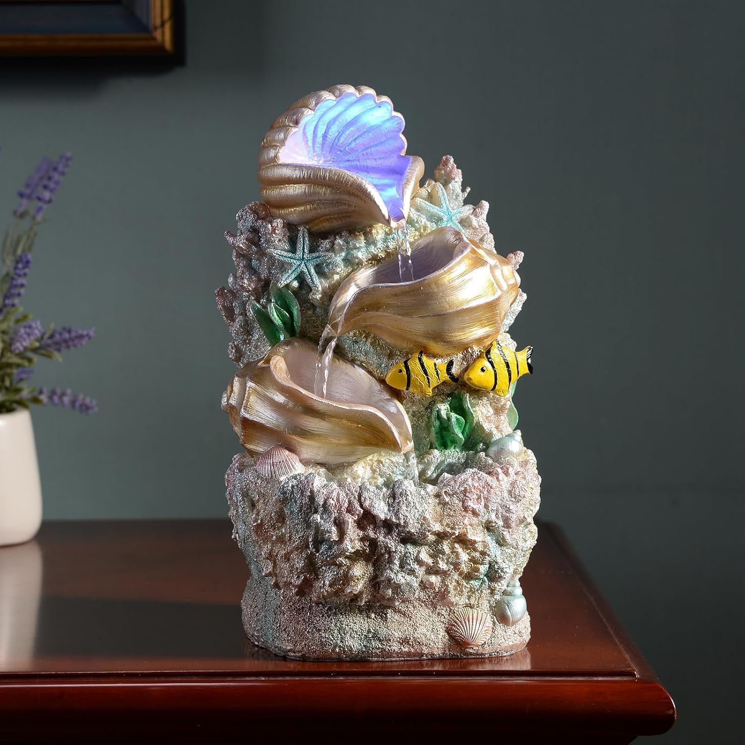 Indoor Fountains & Accessories - GOSSI Themed Coral Shell Fountain Tabletop Home Décor Indoor Desktop Fountain Perfect for Zen Waterfall Meditation Waterfall Decor Fountain with LED Lights(23037)