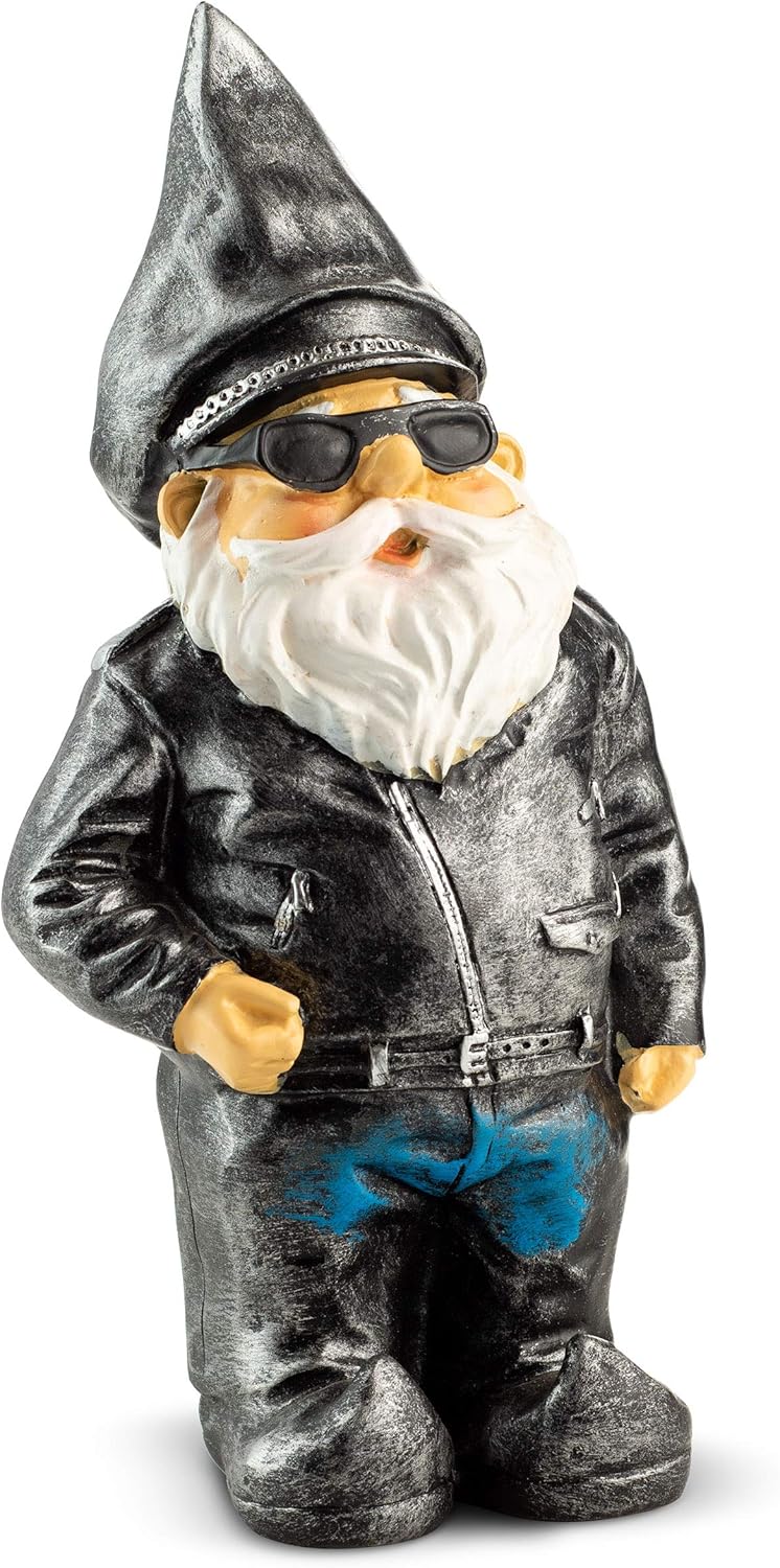 Biker Garden Gnome Statue, Beautiful Attractive,Outdoor Garden Statute Dressed Smartly In Motorcycle Leather Jacket – Perfect Garden Display, Cool Idea For Your Yard Or As Gift, 8-3/4” High