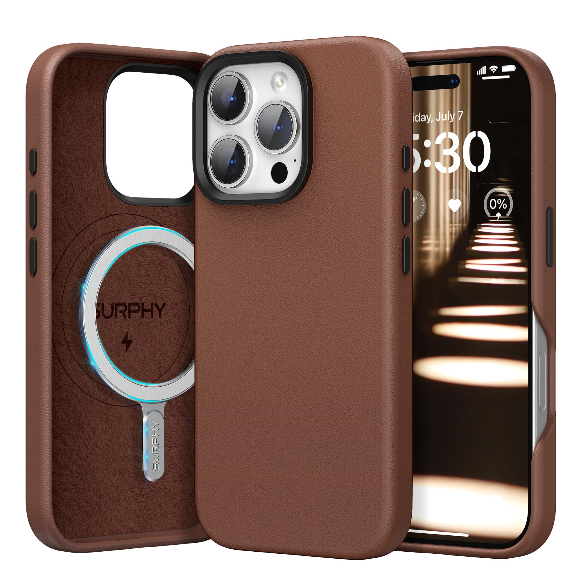 SURPHY Leather Case for iPhone 16 Pro Max Case, Premium Faux Leather Compatible with Mag-Safe [Metallic Buttons & Microfiber Lining] Cover for iPhone 16 Pro Max 6.9 inch, Brown