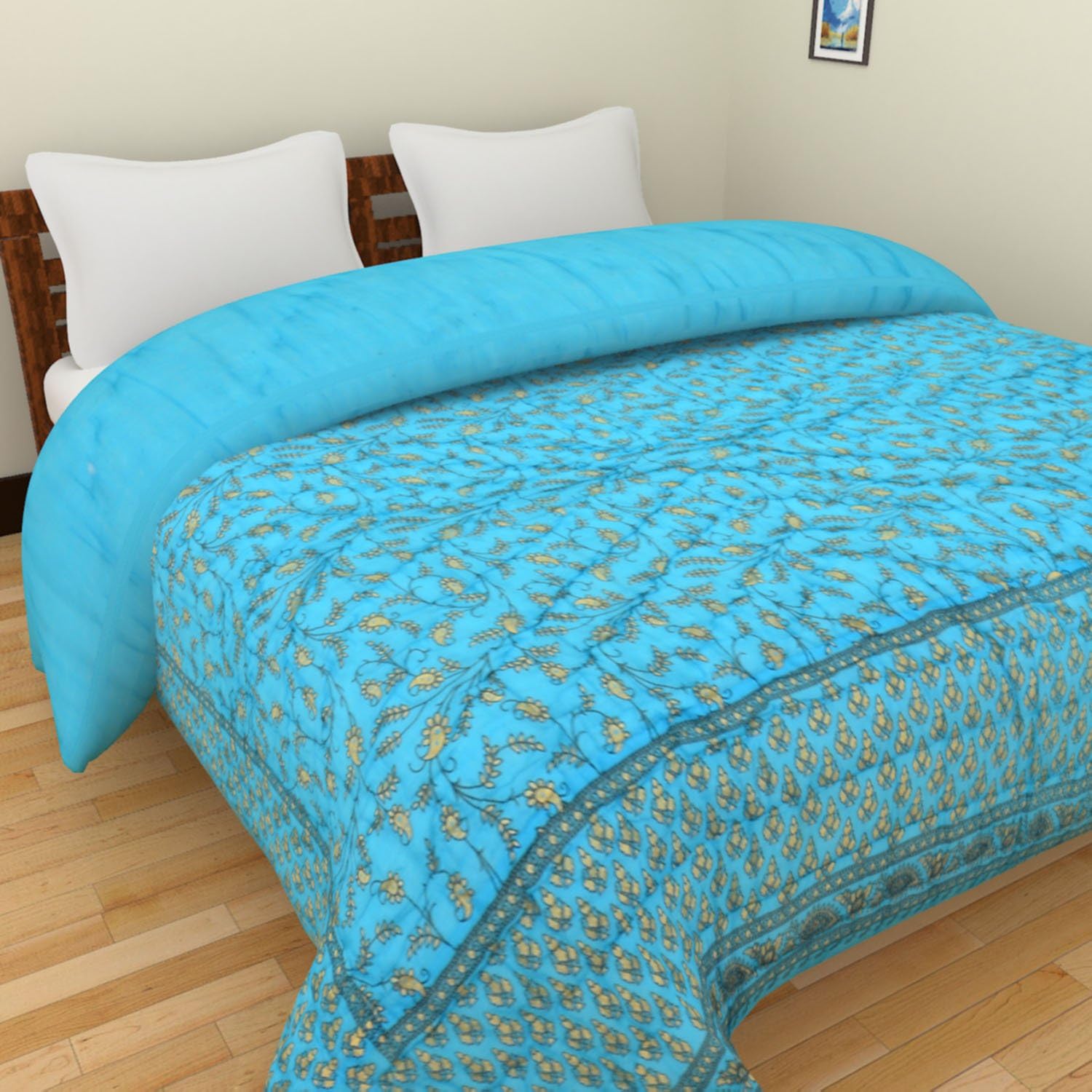 SHRA Jaipuri print double bed blue razai/blanket