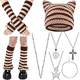 Mepase 8 Pcs Y2k Grunge Cat Beanie with Therian Leg Covers, Emo Gothic Fingerless Knitted Gloves and Necklace