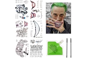 BEAUTISTIN Joker Tattoos and Temporary Hair Color - 6 Sheets Joker Tattoos Temporary and 20g Green Temporary Hair Color Wax Set, Fake Tattoos for Halloween, Parties and Cosplay, 2 Black Eyebrow Brushes