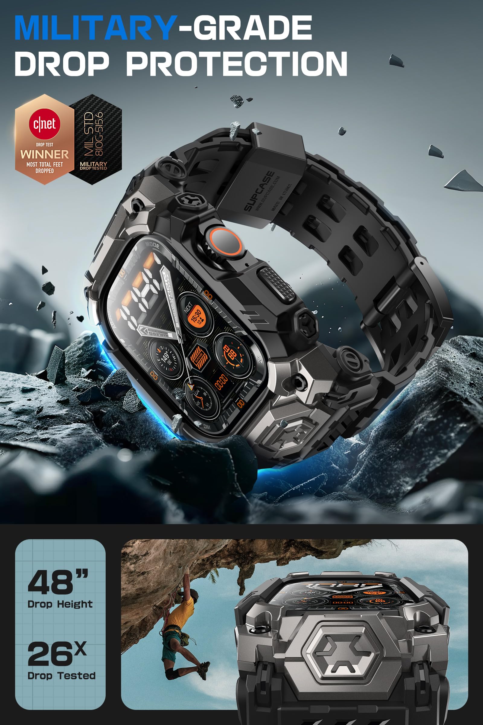 SUPCASE for Apple Watch Ultra 2/1 49mm Case with Band 2024/2023/2022 (Unicorn Beetle Ore), [Anti-Scratch] [Military-Grade Protection] Rugged Sport Men Bumper Case with Adjustable Strap Band, Black