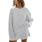 MISSACTIVER Waffle Knit Lounge Sets for Women Long Sleeve Oversized Sweatshirt Elastic Waist Shorts Fall 2 Piece Matching Set