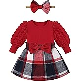 Qaoerde Baby Girl Dress Puff Sleeve Plaid Dress Ribbed Newborn Dress Clothes Fall Winter Outfits with Bowknot Headband