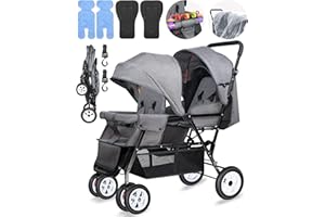 OVERTANG Double Stroller for Infant Toddler, Foldable Double Baby Stroller with Tandem Seating and Adjustable Backrest - Extra Gift Toys/Mosquito Net/Sleeping Mats/ 2 Hooks/ 2 Cotton Pads（Grey）
