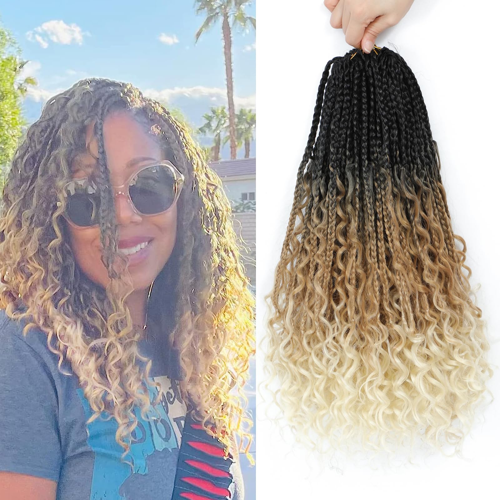 Boho Goddess Braids Crochet Hair for Black Women 18 Inch 8 Packs Bohemian Hair Extensions With Curly Ends Box Braids (1B/27/613, 18 Inch (Pack of 8)) — image 1