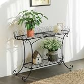SOFFEE GARDEN Black Two-Tier Plant Stand with Ornate Edge, 39-inch Long Top Shelf &amp; Waistline Legs, Pots Stand, Fantastic Garden Decor for Indoor Outdoor Use