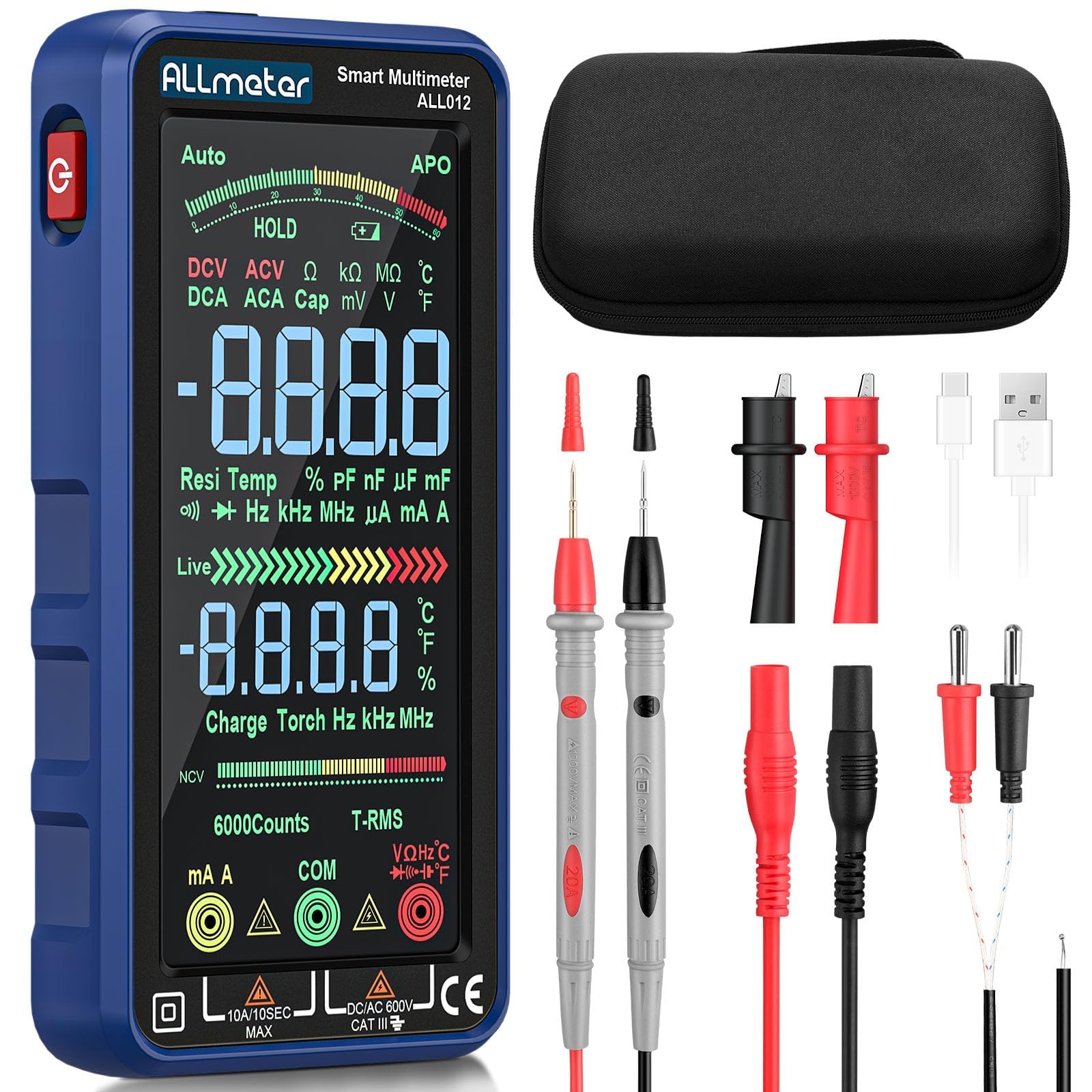 ALLmeter TRMS Digital Multimeter 6000 Counts USB Rechargeable 2500mAh with 5.0 inch Color Screen,Backlight,Flashlight,10A Current Range-Voltage,Current,Capacitance Tester with NCV and Temperature