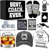 14 Pcs Coach Gifts for Men Whiskey Glass Set, Coaches Appreciation Gift with 11 Oz Whiskey Glass Coaster Stones Crystal Plaque Baseball Cap Socks Keychain Whistle, Best Coach Birthday Christmas Gift