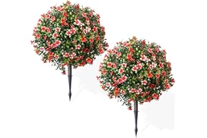 AUMMOOH Artificial Topiary Ball Plants with Spike, 2 Pack, 27inch Red Lilac Flowers, UV-Resistant Great for Indoors&Outdoor Garden Decor (Red, Lilac Flower)