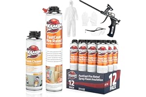 Kraken Bond Fastcoat Fire Rated Spray Foam Insulation Kit Closed Cell in a Can 240 sq ft (12x27.1 oz.) (R-Value 11.32 / 2in) - Spray Foam for Garage Door, Attic, Wall Gun & Cleaner Included, 12 Pack
