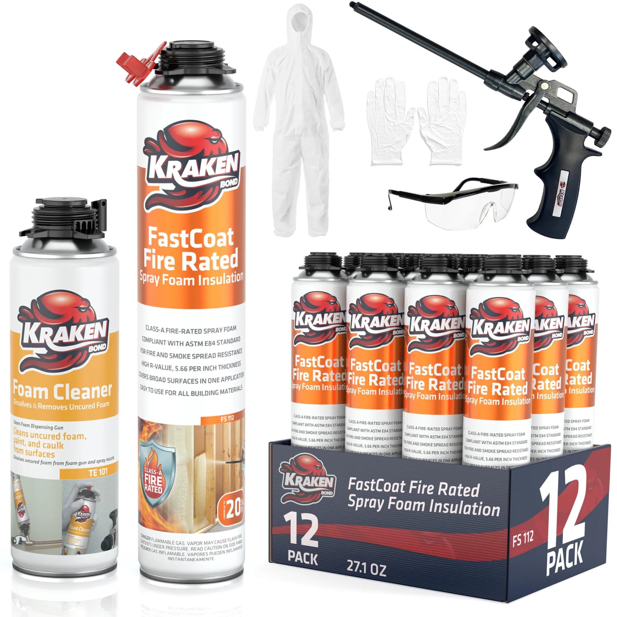 Photo 1 of Kraken Bond Fastcoat Fire Rated Spray Foam Insulation Kit Closed Cell in a Can 240 sq ft (12x27.1 oz.) - Wide Polyurethane Spray Foam for Garage Door, Attic, Wall Gun & Cleaner Included, 12 Pack
