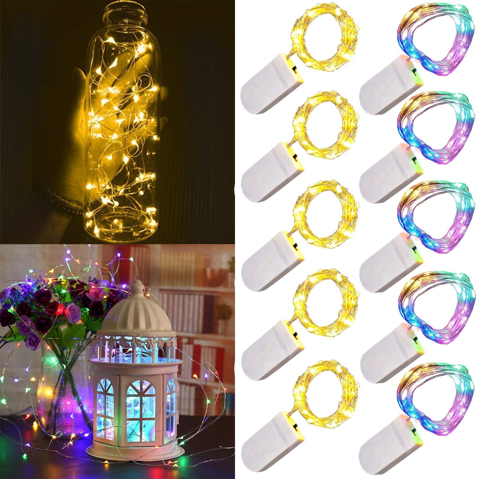 LED String Lights, 10 Packs LED Fairy Lights Battery Operated Fairy lights 1m 10 LEDs Sliver Wire Waterproof Bottle String Lights for Wedding Party Bedroom Indoor Outdoor Christmas Decoration