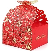 Kslong 50Pcs/Set Flower Butterfly Hollow Candy Box Cookie Gift Boxes Romantic Wedding Favors Cute Chocolate Box for Wedding Bridal Birthday Party Supplies (Red, S)