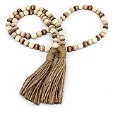 CVHOMEDECO. Wood Beads Garland with Tassels Farmhouse Rustic Wooden Prayer Bead String Wall Hanging Accent for Home Festival 
