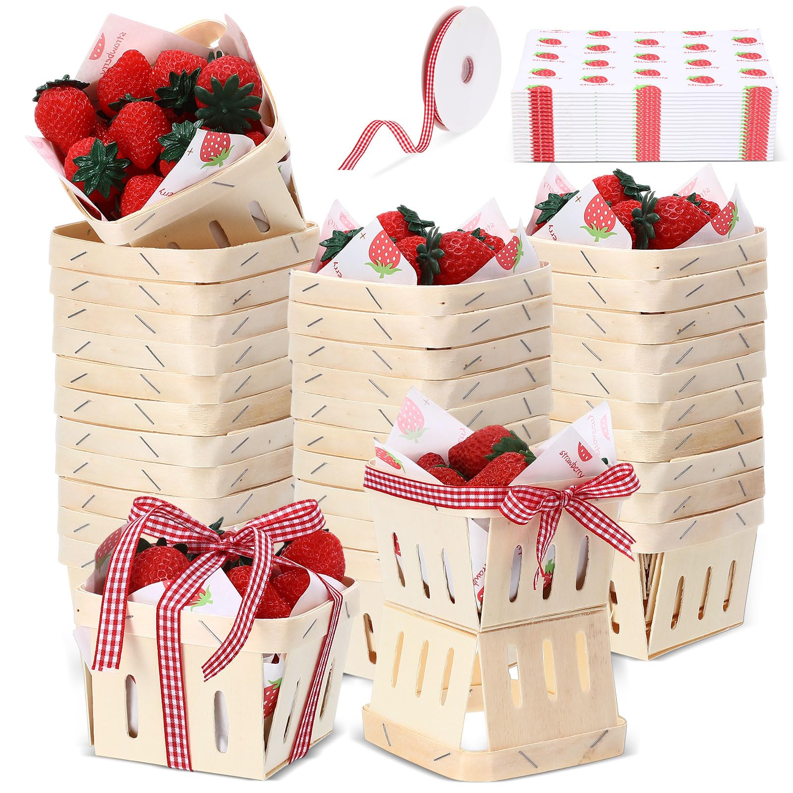 Photo 1 of Vesici 61 Pcs/30 Sets One Pint Wood Berry Basket with Wax Paper Sheets Gingham Ribbon 4" Square Wood Boxes Small Basket with Liner for Food Gift Party Supplies Fruit Picking Camping(Strawberry,Red)