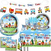 Chuagaa Chugga Two Two 142PCS Birthday Decoration Train Paper Plates Tableware Set - Transportation Table Cloth Banner Cups for 2nd Birthday Train Party Supplies