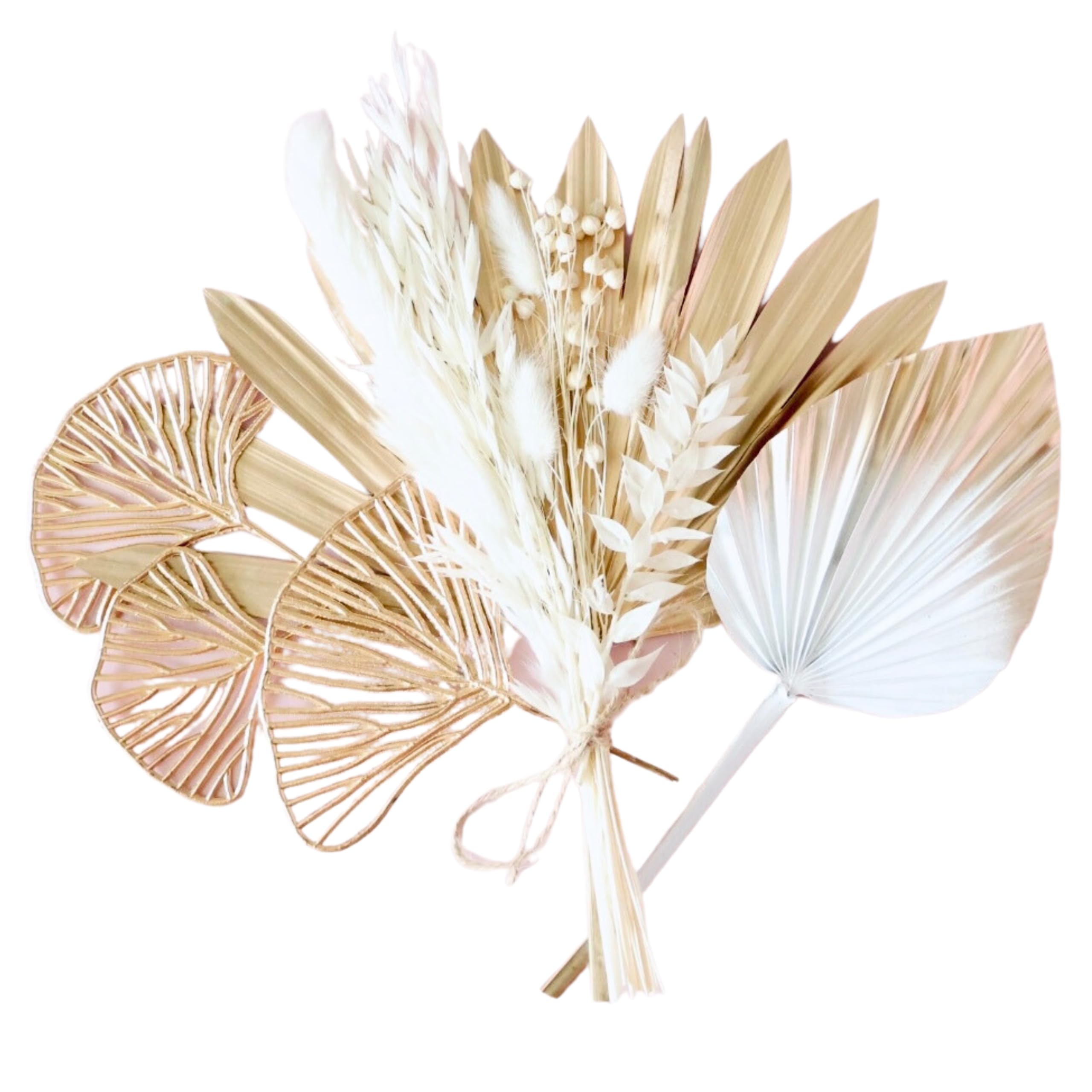 The Baked Studio - Dried Flower Cake Topper Set With Dried Palm Spear and Sun Palm Leaf and Ginkgo Leaves For Cake Decorating (White & Gold Set)