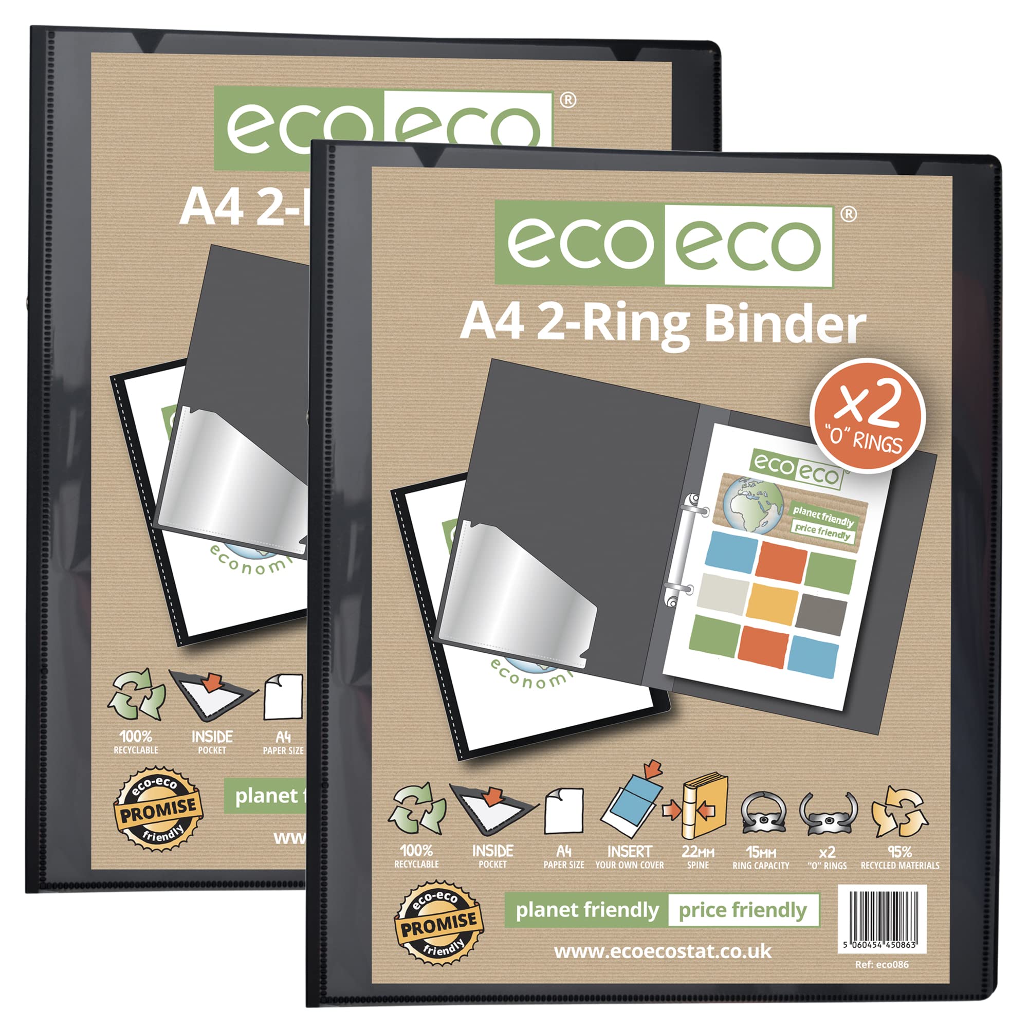 eco-eco A4 95% Recycled Presentation 22mm Spine 2 Ring Binder Black, (Pack of 2), eco086x2 — image 1