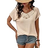 Dokotoo Women's Casual 2026 Waffle Knit Hollow Out Lace Tops Short Sleeve V Neck Loose Fit Shirts Blouses