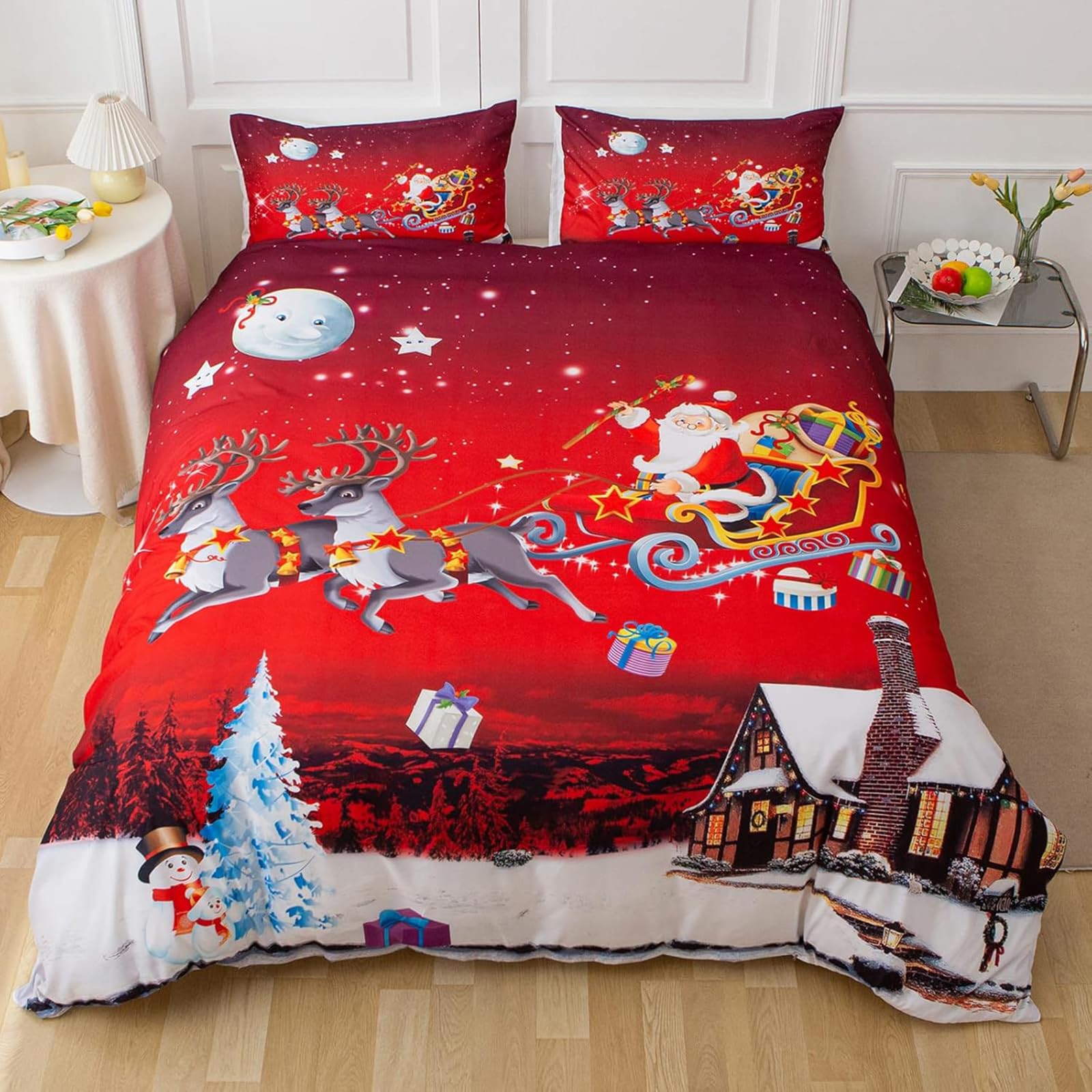 Tabeskly Kids Boy Girl Christmas Xmas Santa Claus Gifts Soft Zipper Bed Bedding Duvet Cover Set Double Red 200×200cm