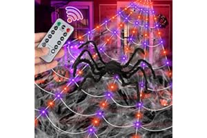 VABAMNA Spider Webs Halloween Decorations Outdoor - 16.4ft Giant Light Up Spider Web with Purple Orange LED Lights, 36" Black Spider and Scratch Spiderweb for Light Up Scary Halloween Yard Garden Decorations