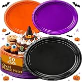 50 Count Oval Halloween Plastic Plates - Purple Orange & Balck Plates | Vibrant orange purple & black disposable plates for Halloween Party