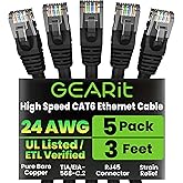 GEARit Cat6 Patch Cables 3ft 5 Pack Cat 6 Ethernet Cable Black | Ethernet Patch Cable, 10Gbps 550MHz 24AWG Pure Copper, Snagless, Gold Plated RJ45 for Router, Server, Router, PC