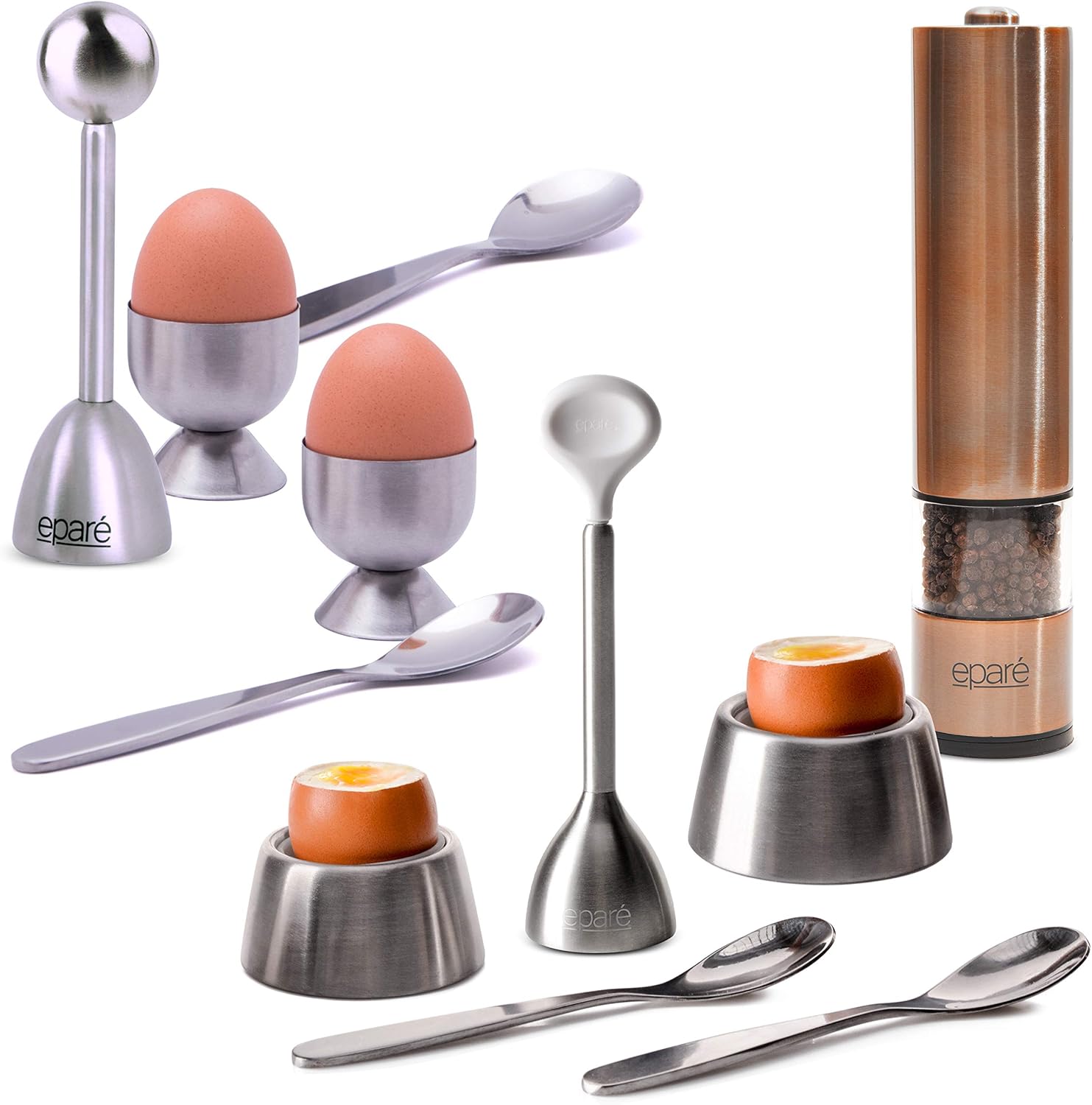 Eparé Bundle: Steel Egg Cracker Topper Set & Egg Cracker Topper Set 2.0 - Complete Soft Boiled Egg Tool Set - Includes Egg Cups Cutter & Spoons