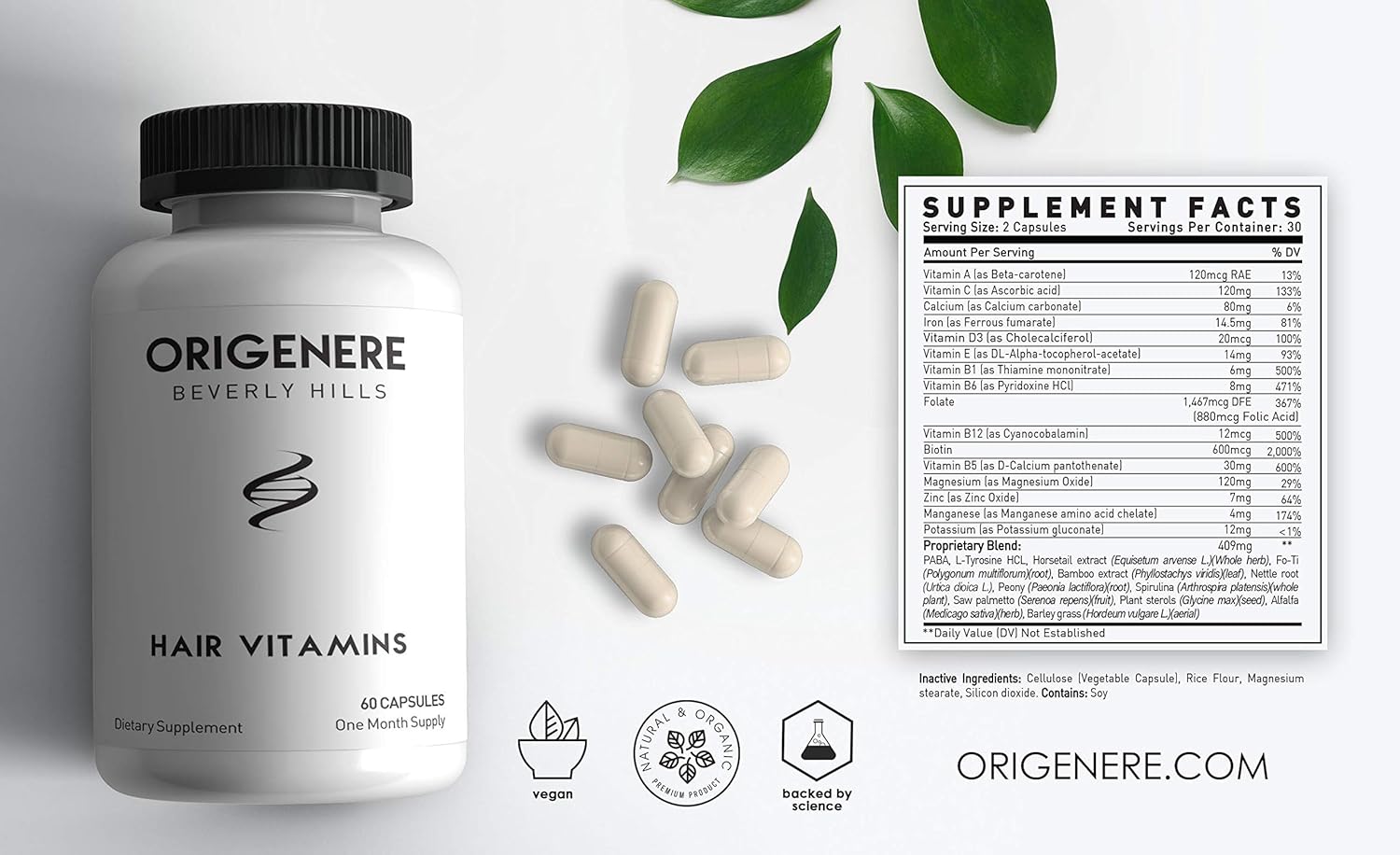 Origenere - Hair Vitamins - for Hair Loss/Thinning Hair - New Formula - 60 ct: Health & Personal Care