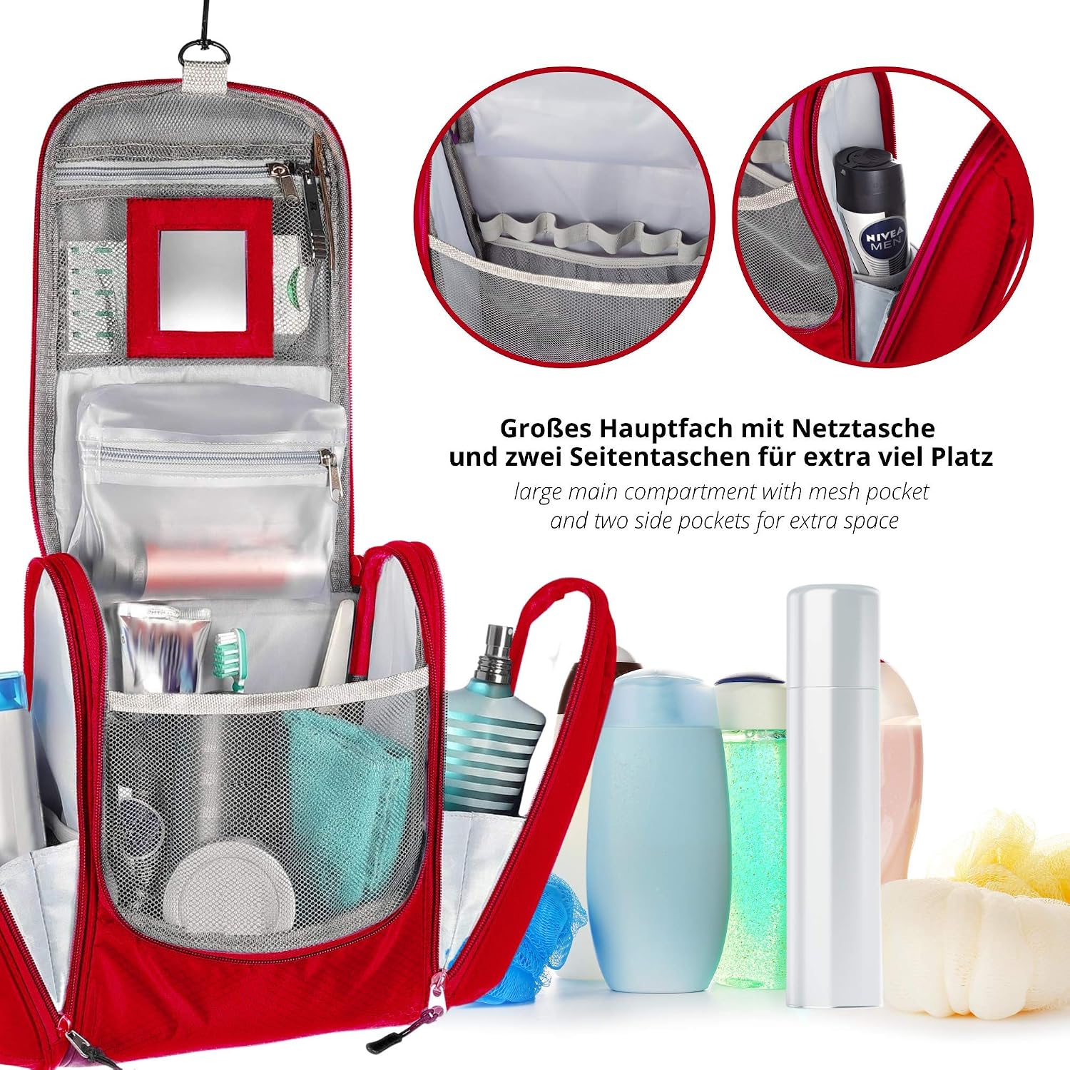 KRONIFY Premium Large Hanging Toiletry Bag with Mirror, Red L, XXL - Image 5